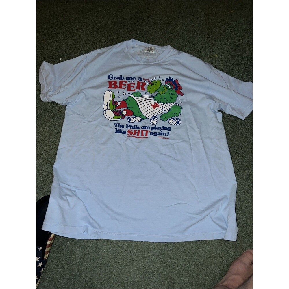 Phillie Phanatic T Shirt Powder Blue “Grab Me A Beer, The Phils Are Playing ***”